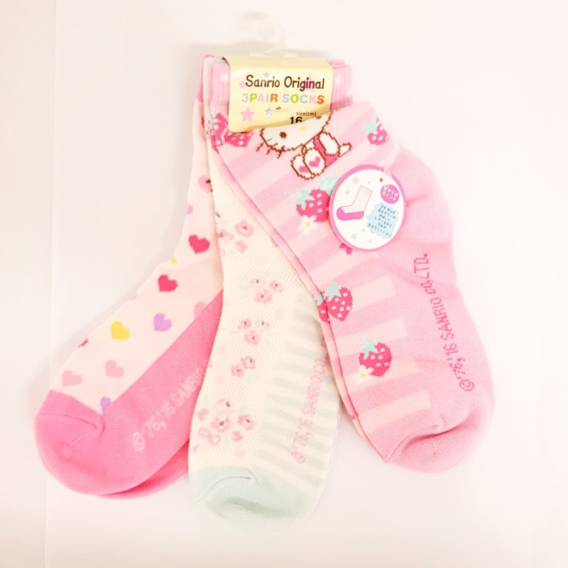 Hello Kitty 3Pairs Socks: 16-18 Strawberry - The Kitty Shop